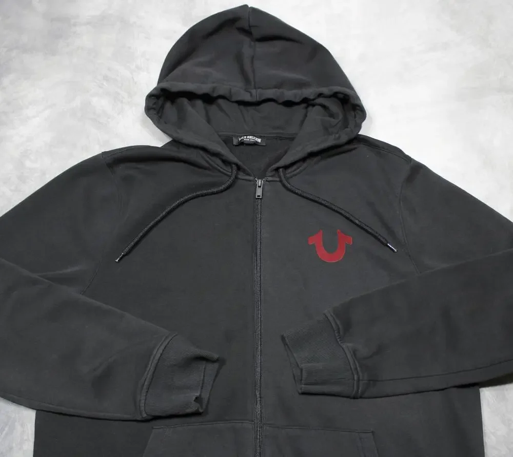 True Religion Hoodie Mens XL Black Full Zip Fleece Sweatshirt Buddha Graphic